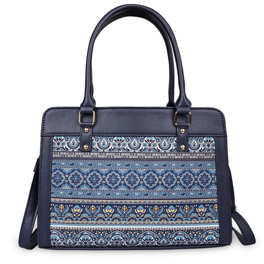 Blue Tapestry Satchel with PU Leather Trim
