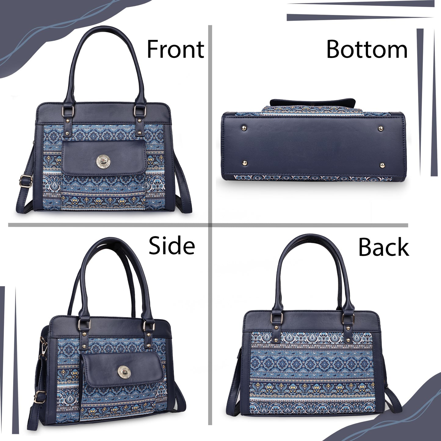 Blue Tapestry Satchel with PU Leather Trim