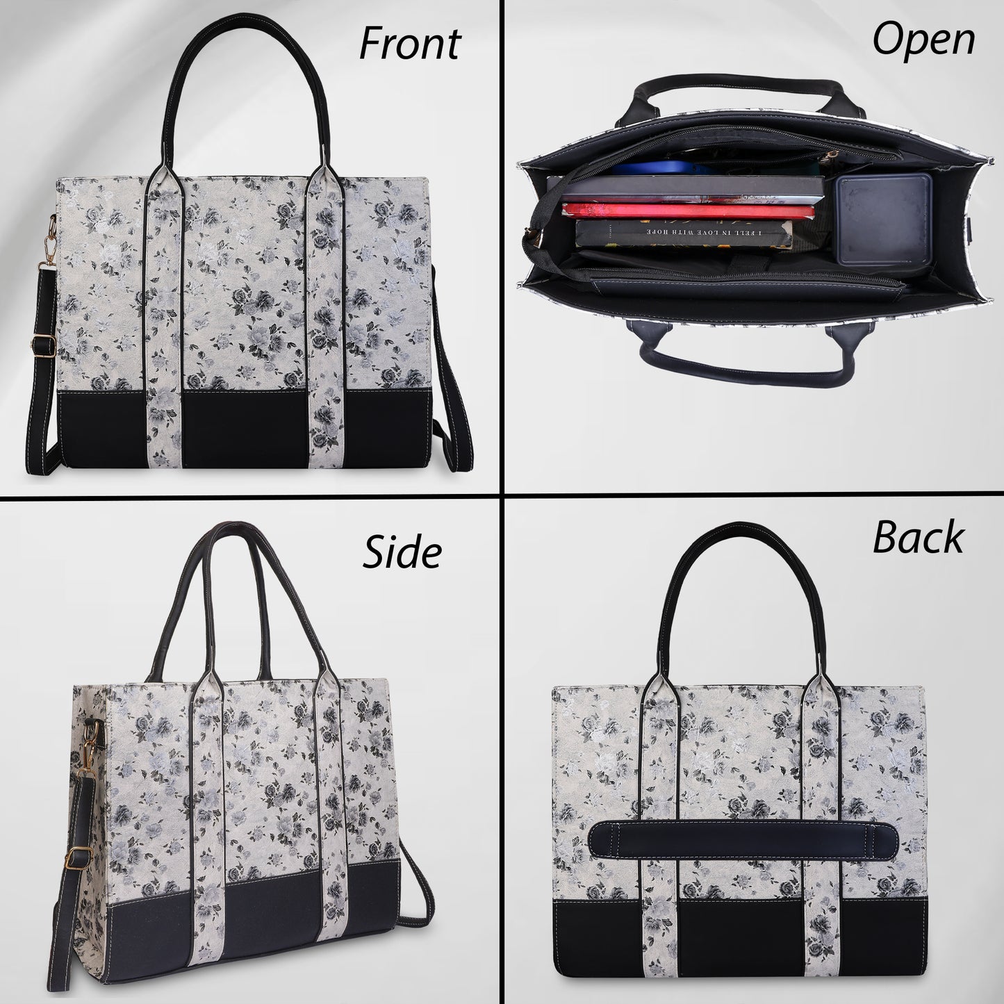 Floral-patterned bag shown from front, open, side, and back views.