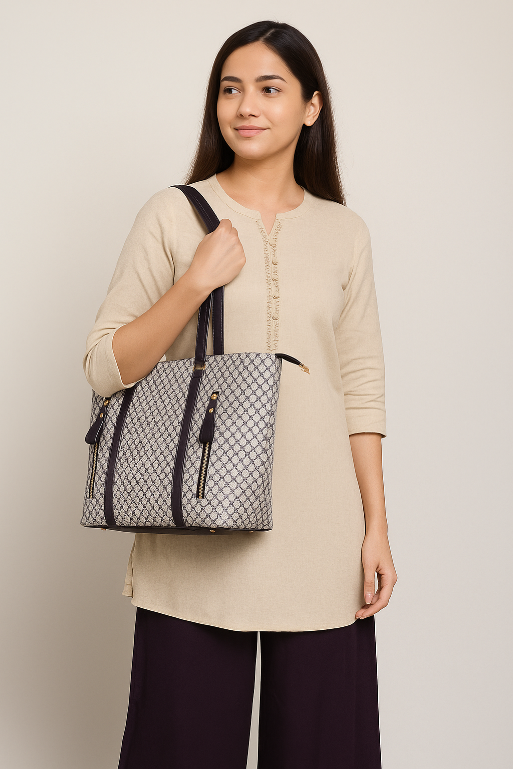 Woman holding a patterned handbag