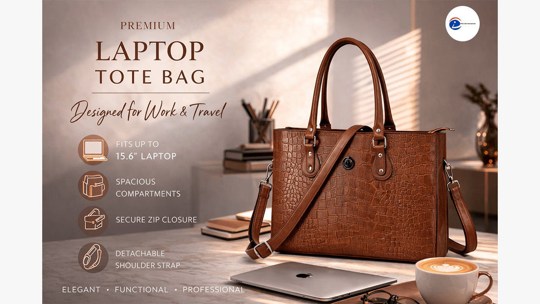 A professional woman in a city financial district carrying a structured PU leather laptop tote bag