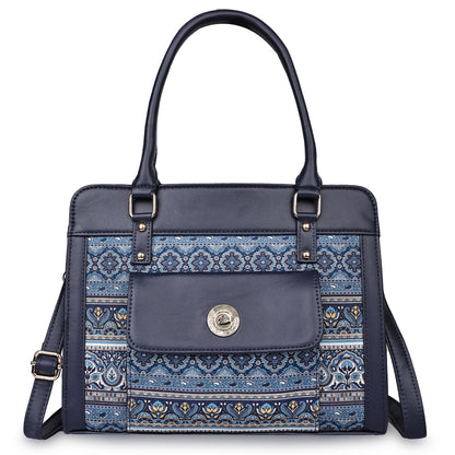 Blue Tapestry Satchel with PU Leather Trim