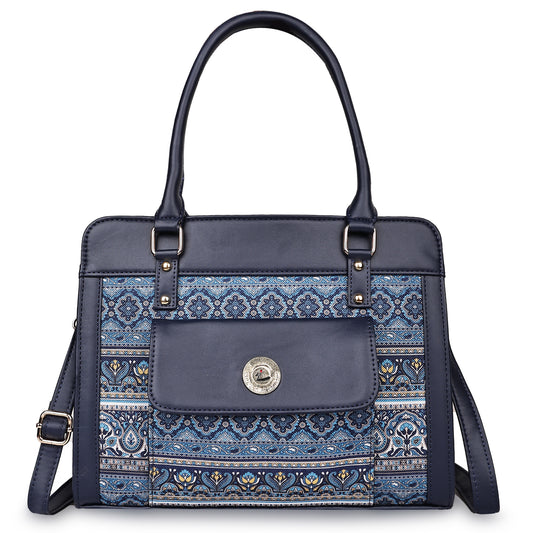 Blue Tapestry Satchel with PU Leather Trim