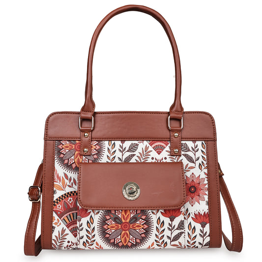 Brown Mandala Garden Satchel with PU Leather Trim