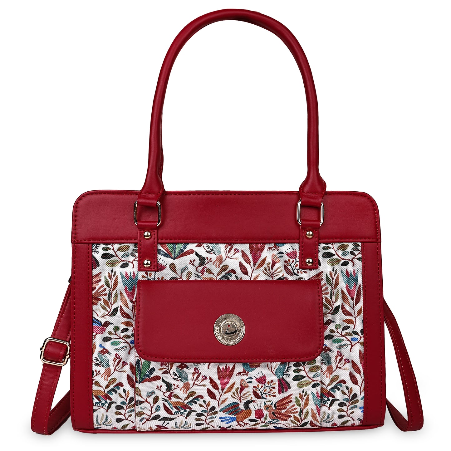 Red handbag with floral pattern on a white background