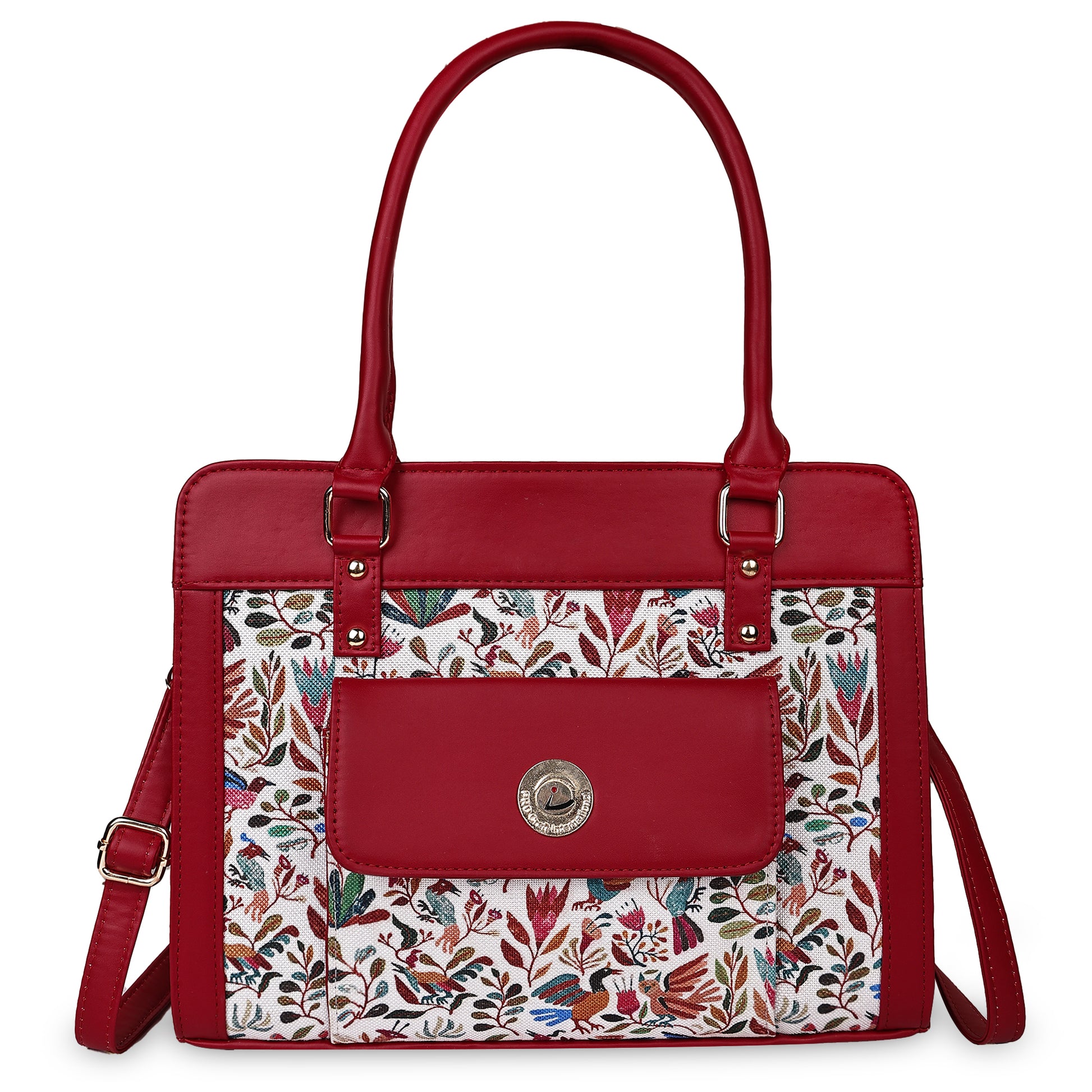 Red handbag with floral pattern on a white background