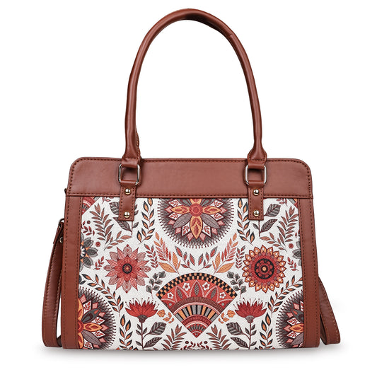 Brown Mandala Garden Satchel with PU Leather Trim