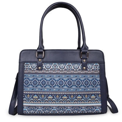 Blue Tapestry Satchel with PU Leather Trim