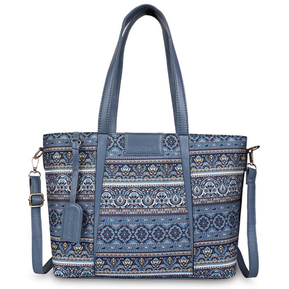 Blue patterned handbag with matching wallet on a white background