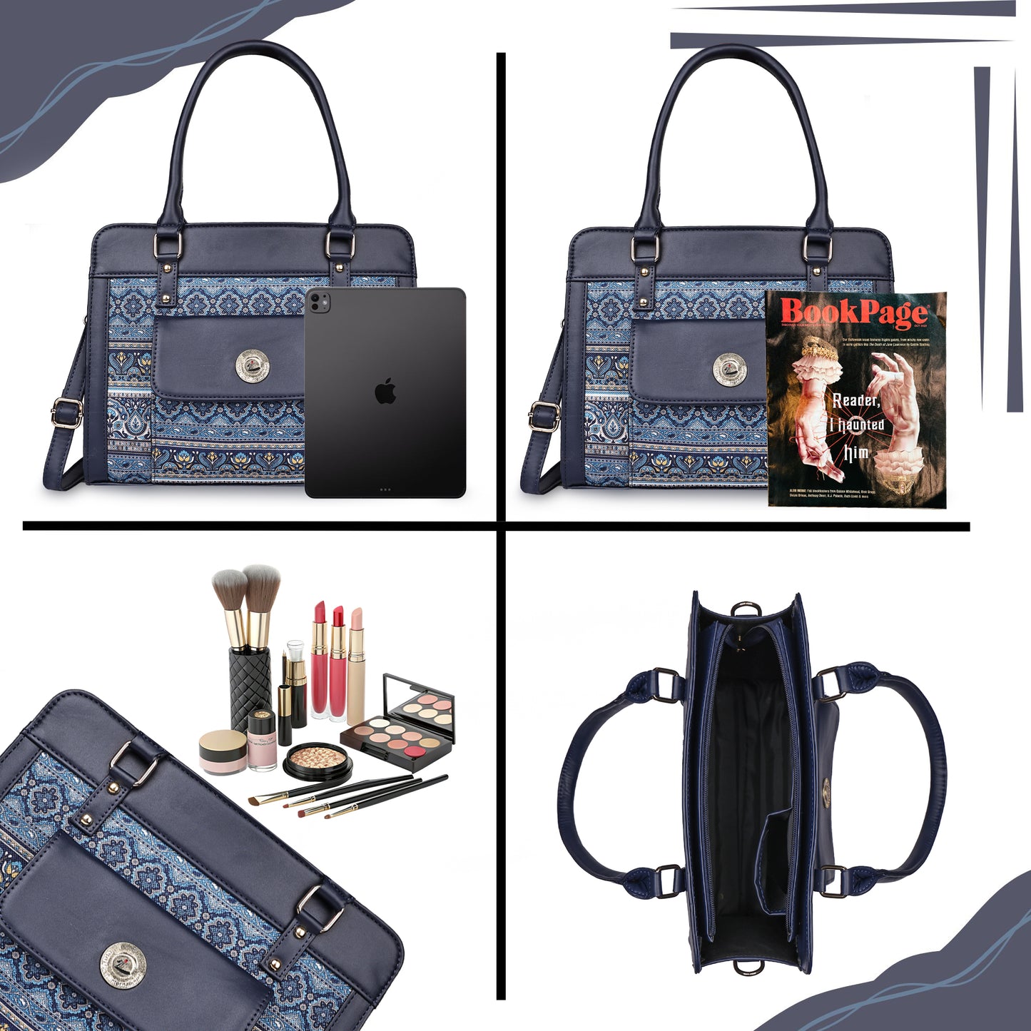 Blue Tapestry Satchel with PU Leather Trim