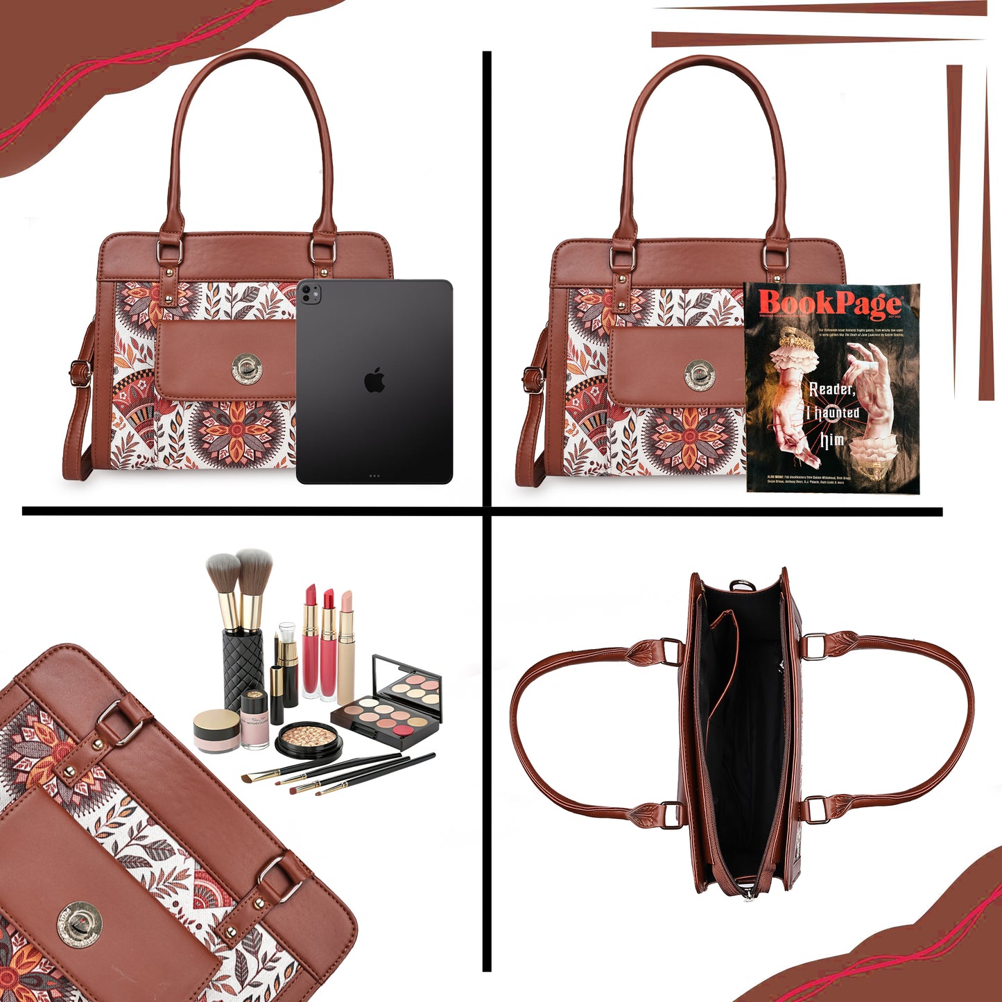 Brown Mandala Garden Satchel with PU Leather Trim