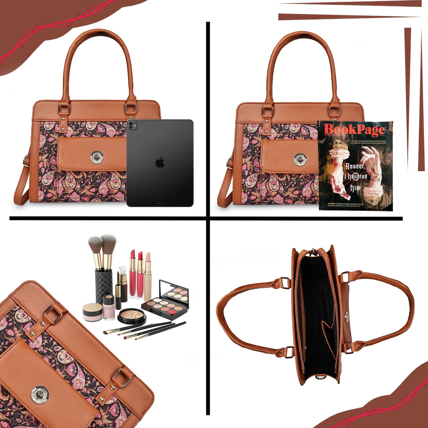 Tan FloraLeaf Satchel with Paisley Print  Handbag