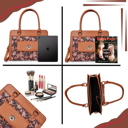 Tan FloraLeaf Satchel with Paisley Print  Handbag