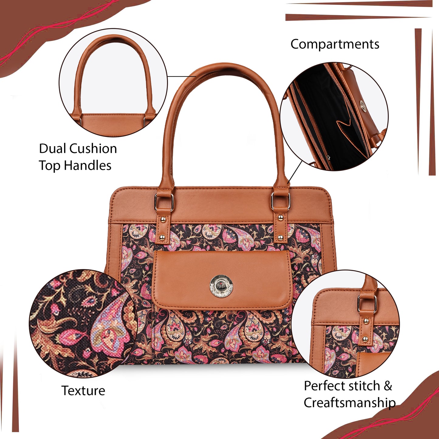 Tan FloraLeaf Satchel with Paisley Print  Handbag