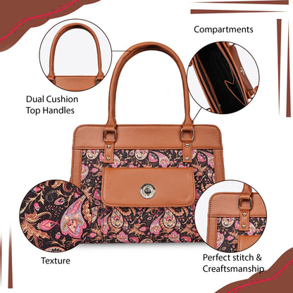 Tan FloraLeaf Satchel with Paisley Print  Handbag