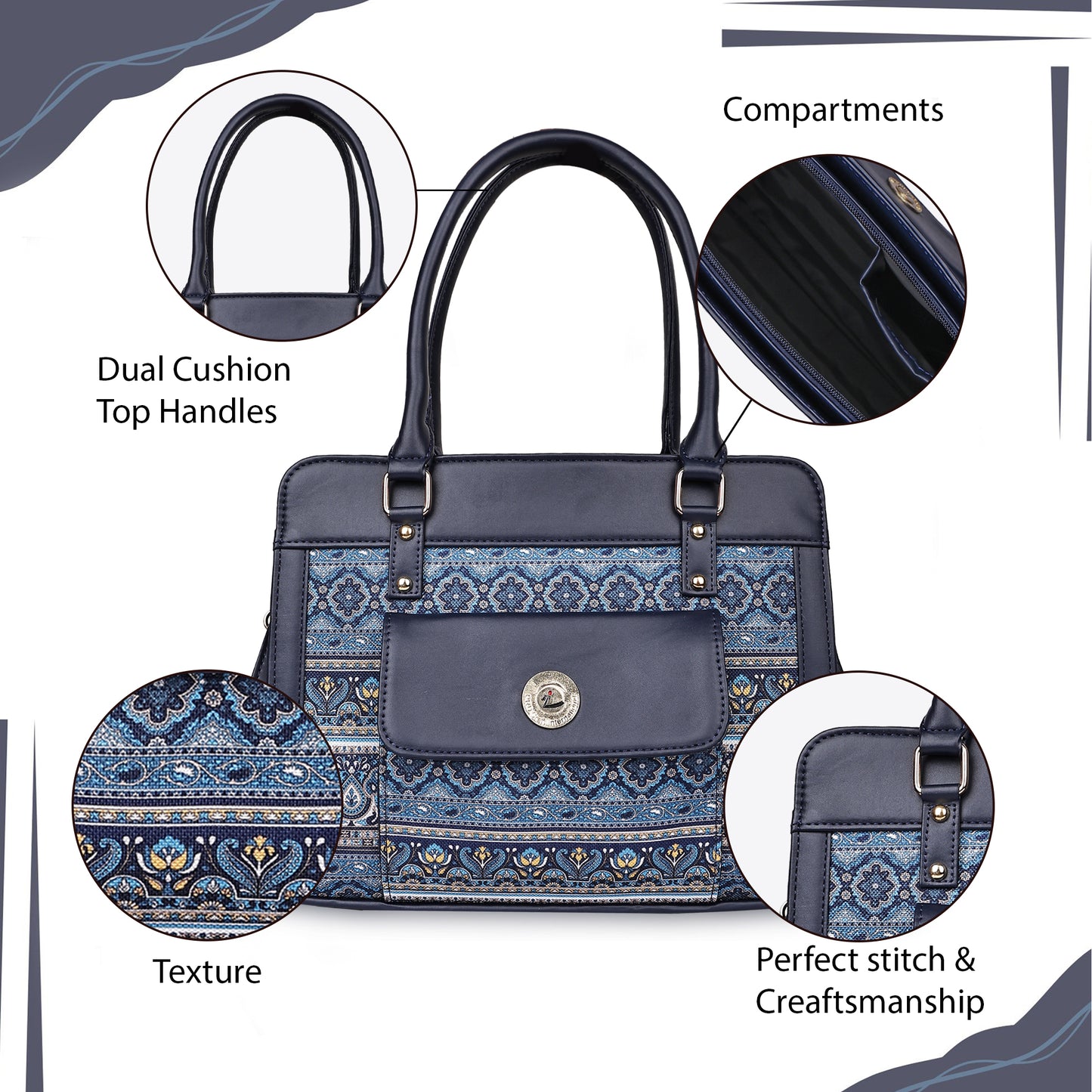 Blue Tapestry Satchel with PU Leather Trim