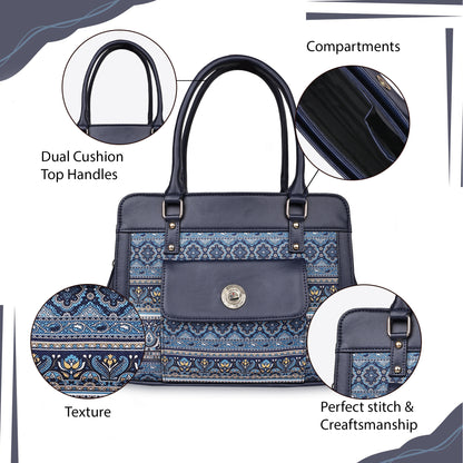 Blue Tapestry Satchel with PU Leather Trim