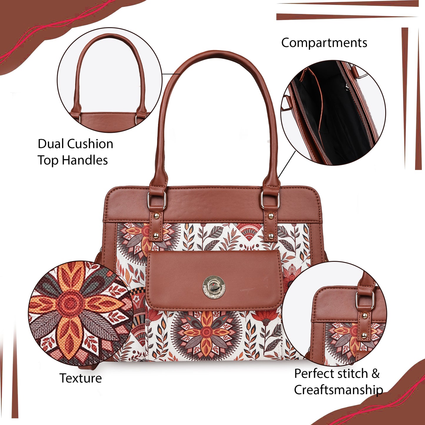 Brown Mandala Garden Satchel with PU Leather Trim