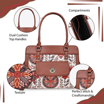 Brown Mandala Garden Satchel with PU Leather Trim