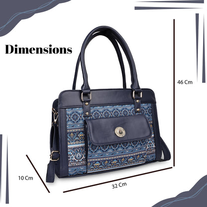 Blue Tapestry Satchel with PU Leather Trim