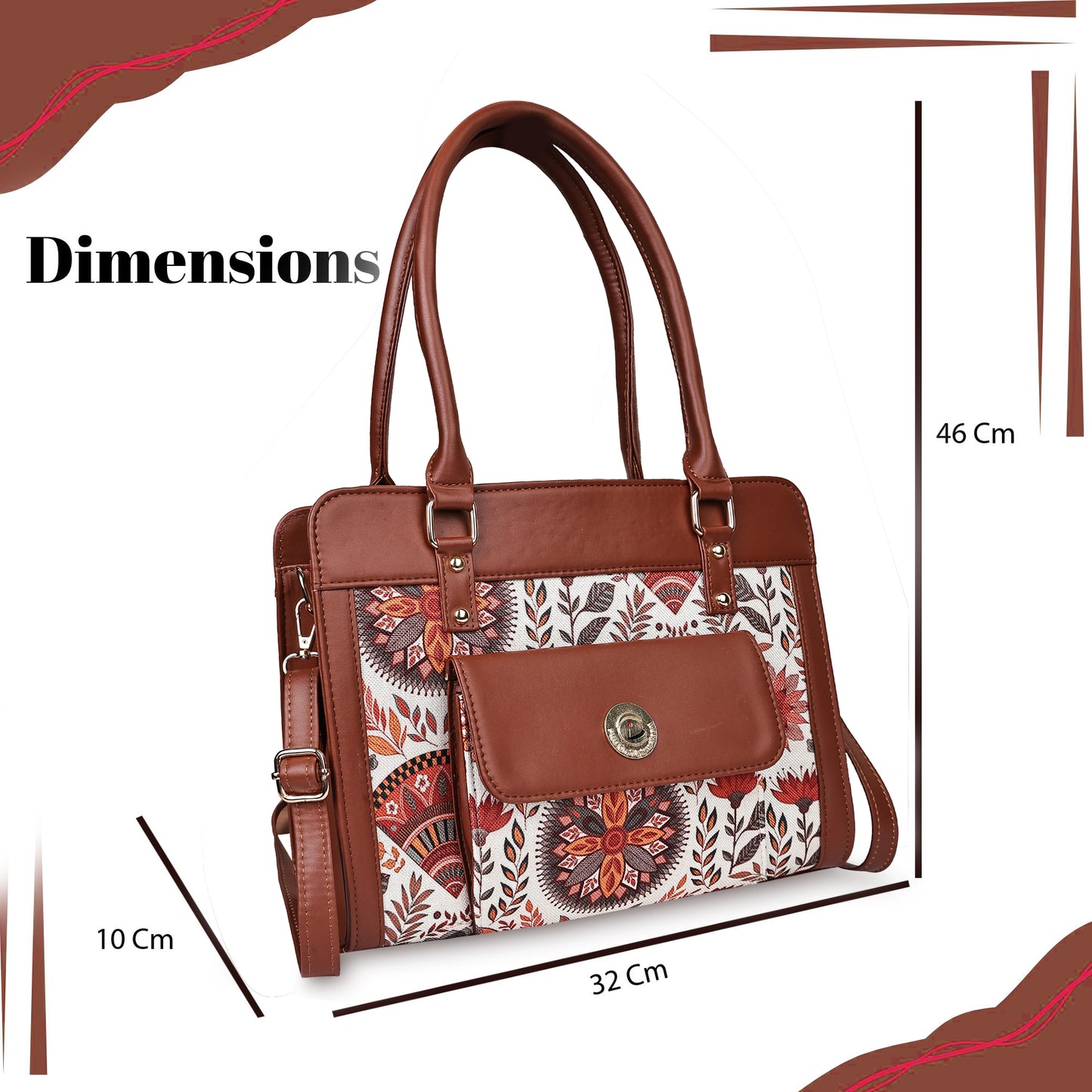 Brown Mandala Garden Satchel with PU Leather Trim