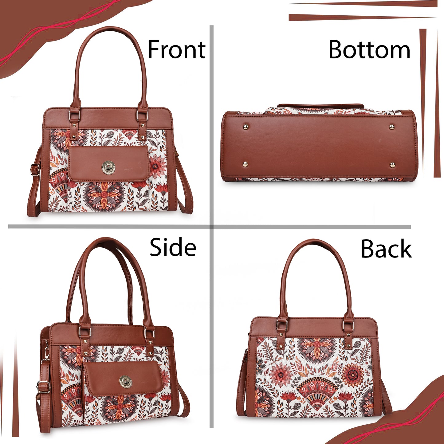 Brown Mandala Garden Satchel with PU Leather Trim