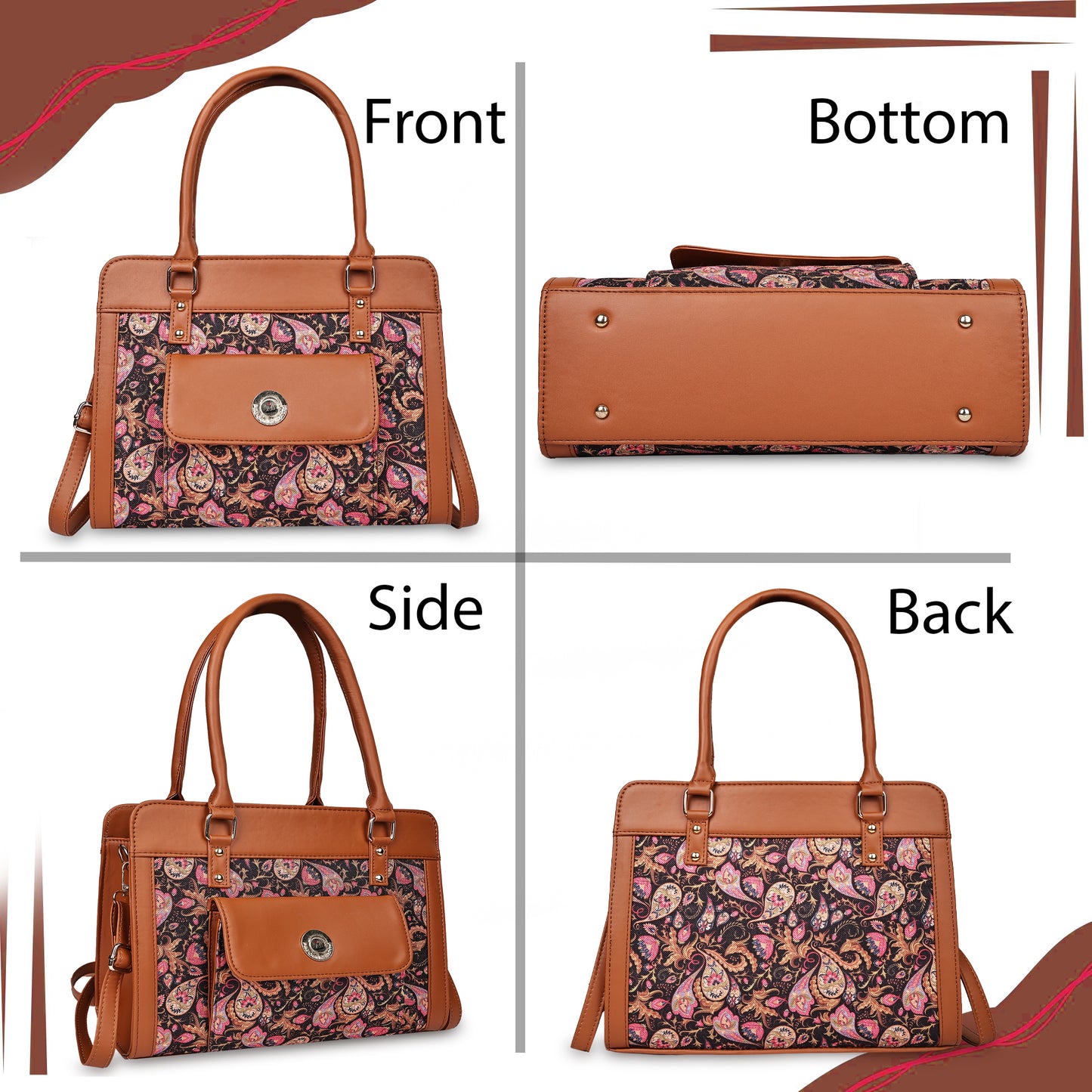 Tan FloraLeaf Satchel with Paisley Print  Handbag