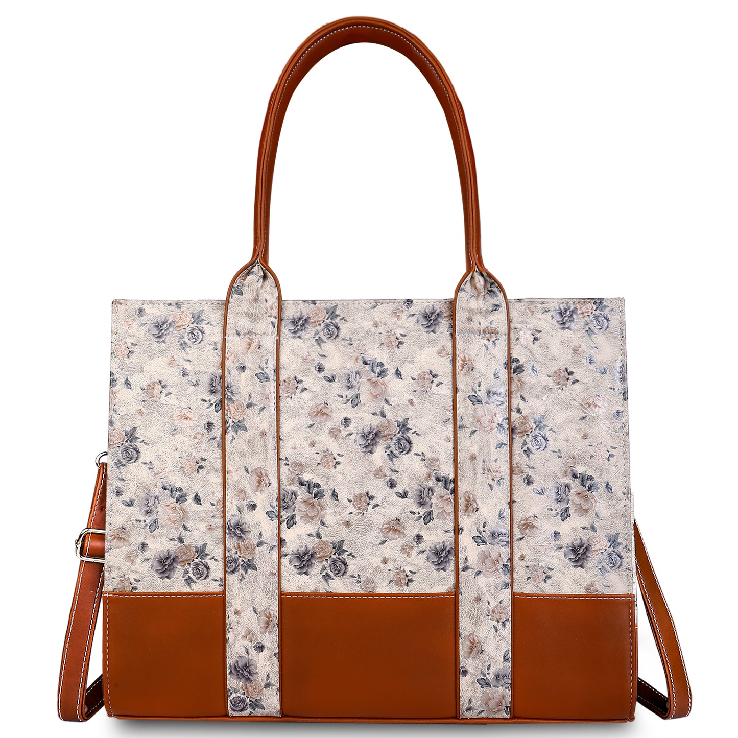 Floral-patterned tote bag with brown accents 