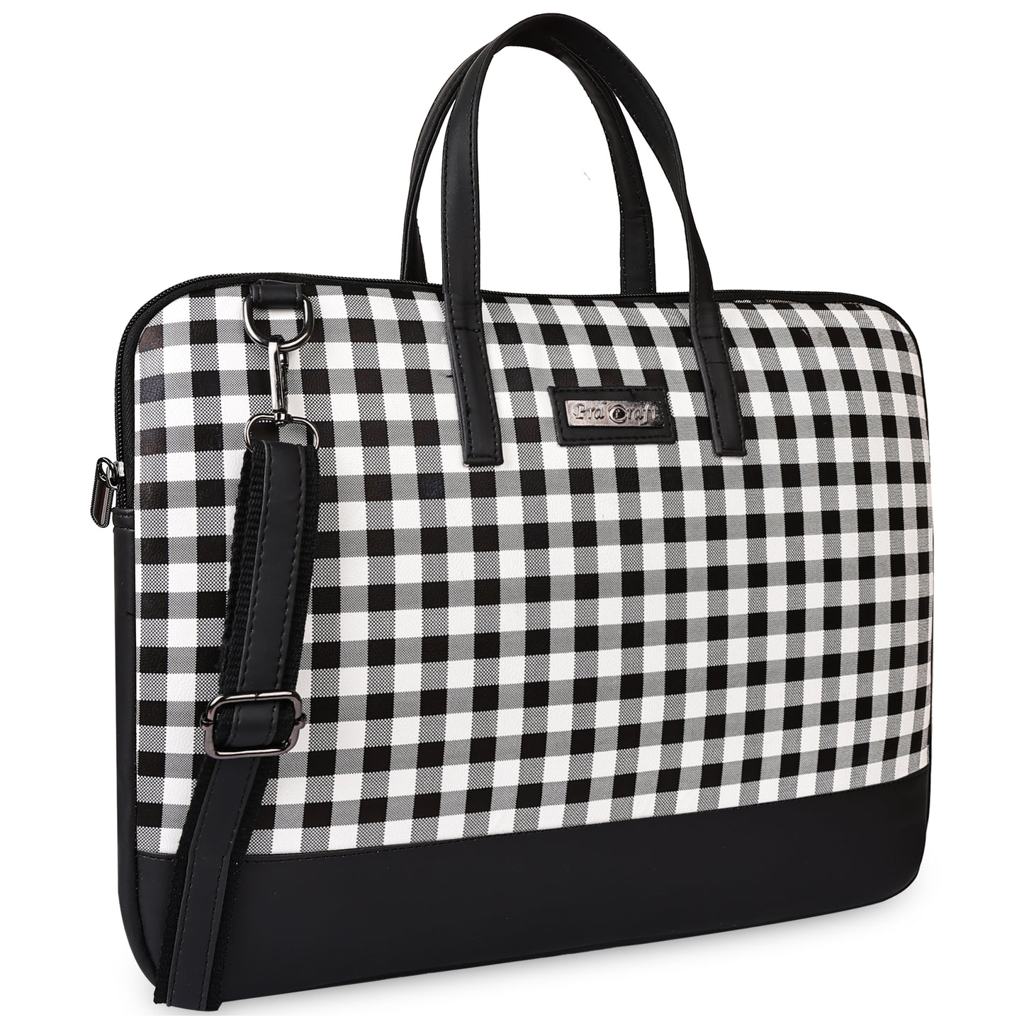 Plaid patterned bag with black accents on a white background