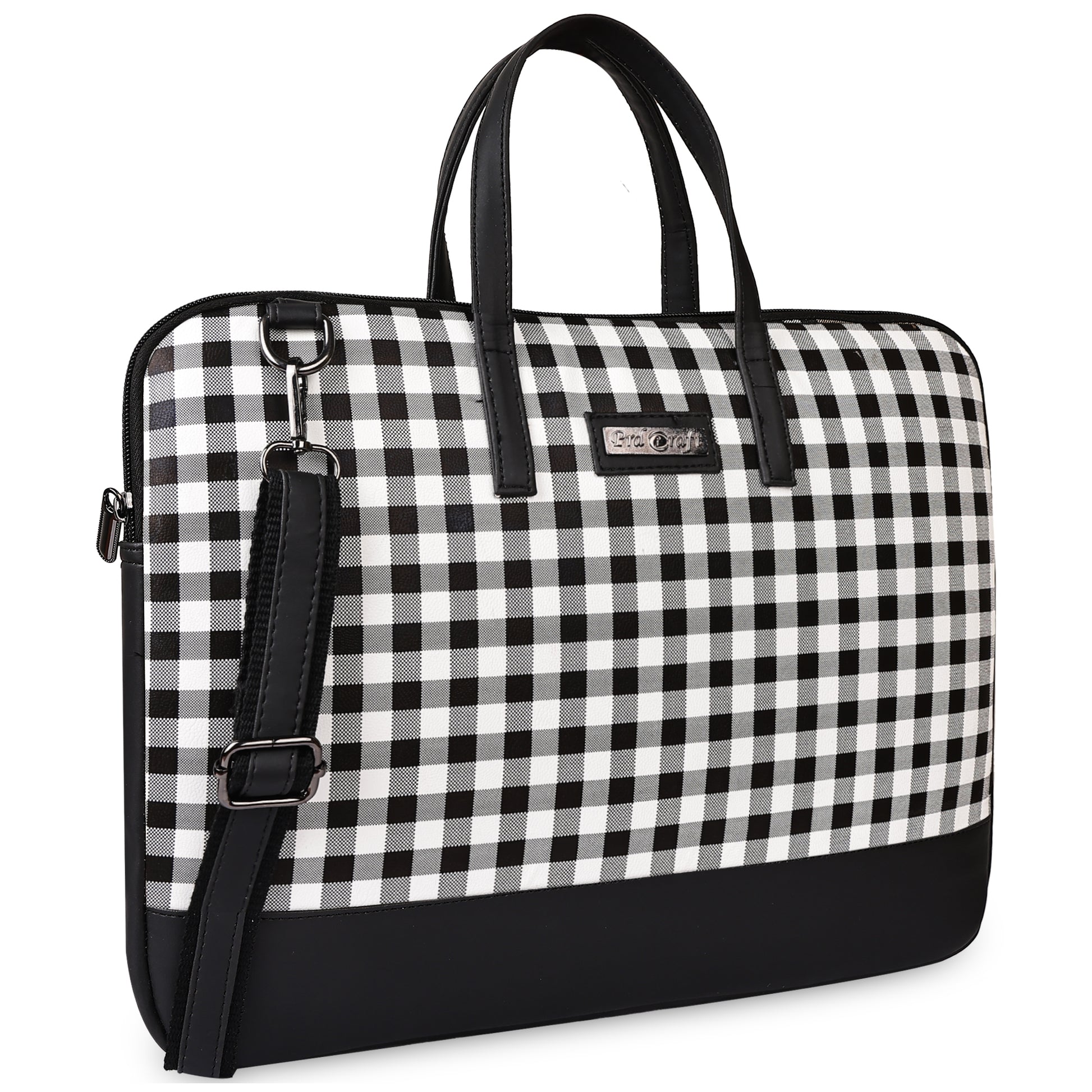 Plaid patterned bag with black accents on a white background