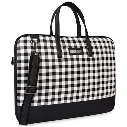 Plaid patterned bag with black accents on a white background