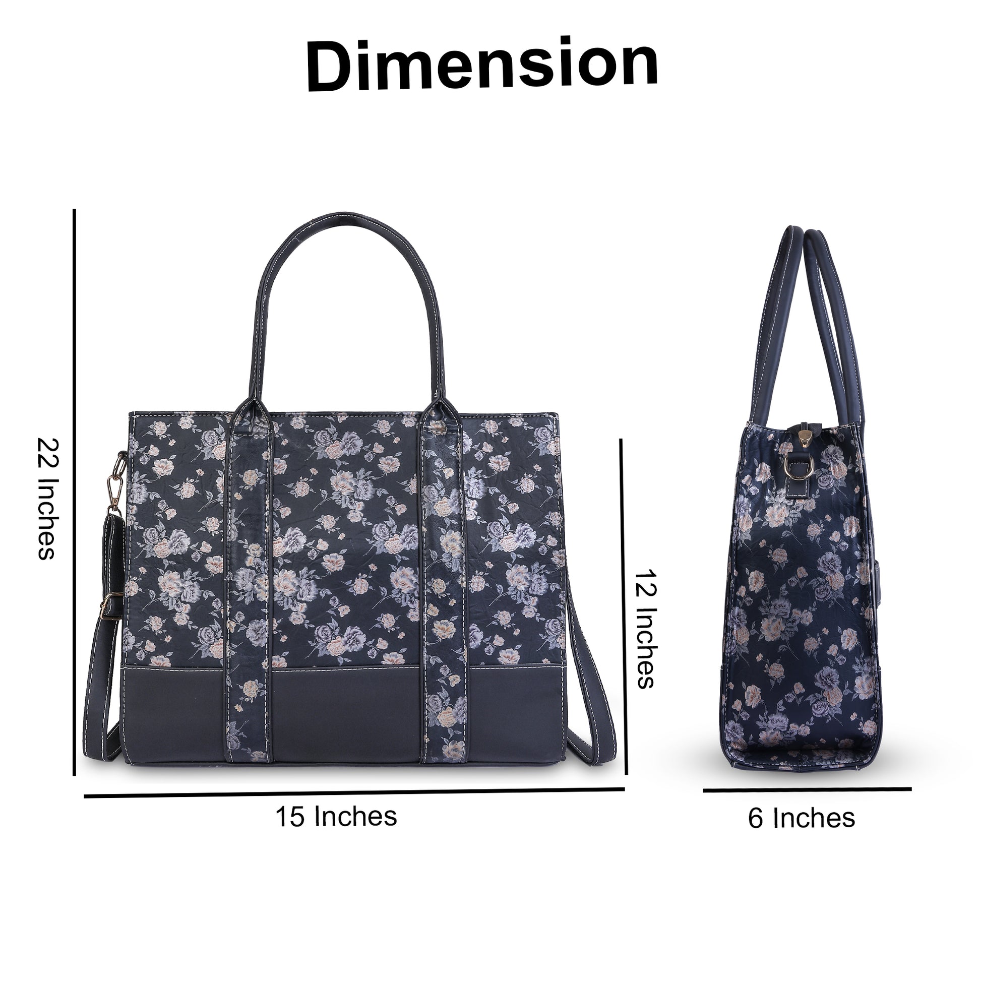 Floral-patterned handbag with dimensions indicated on a white background