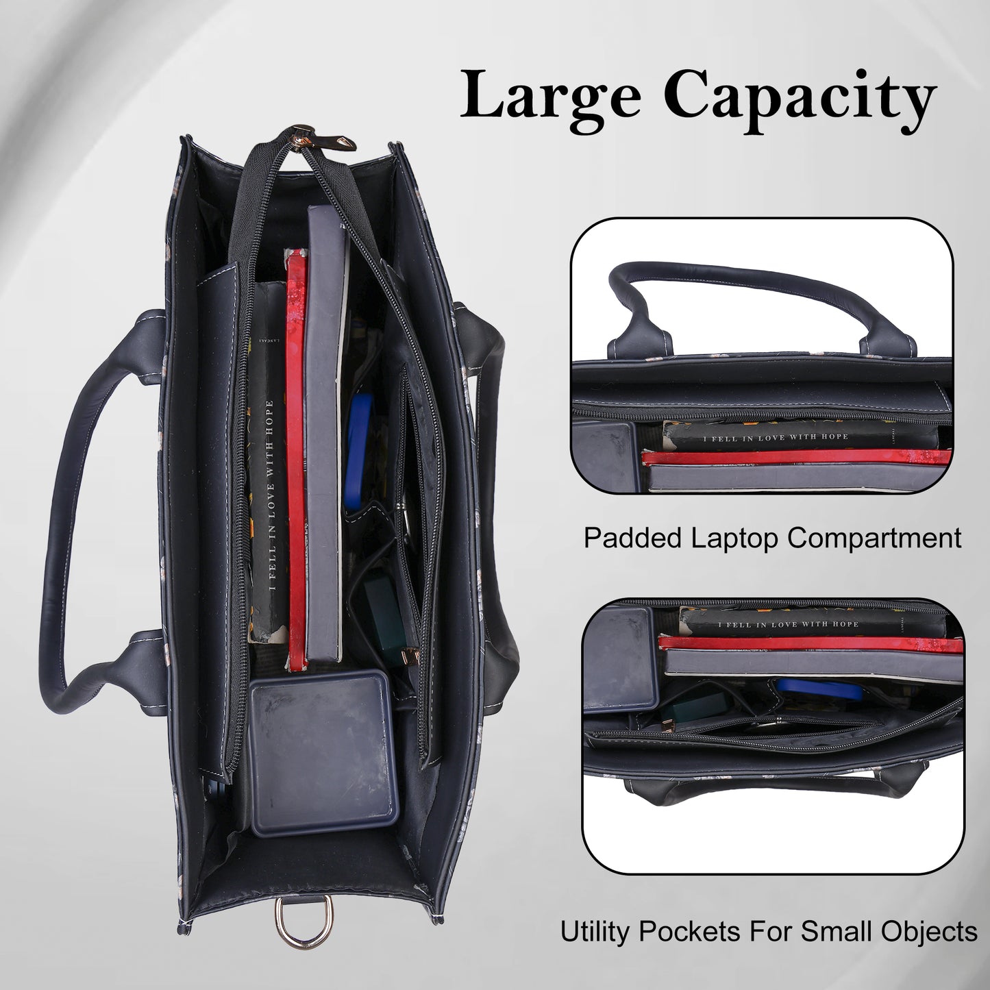 Spacious women work tote bag interior compartments