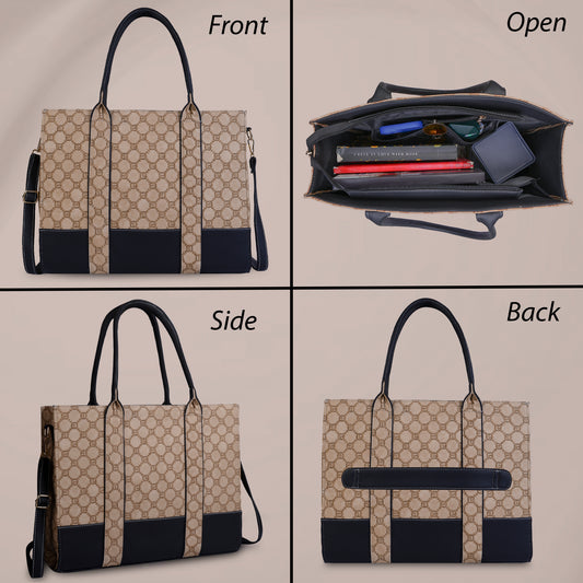 Multiview of a beige and black handbag including front, open, side, and back views.